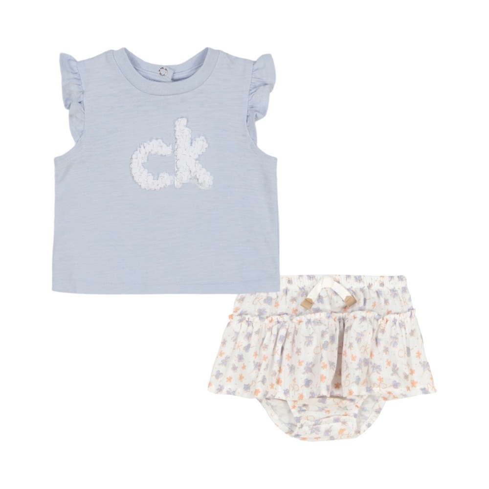 Calvin Klein Light Blue Ruffle-Sleeve Top with Floral Skirted Bloomer